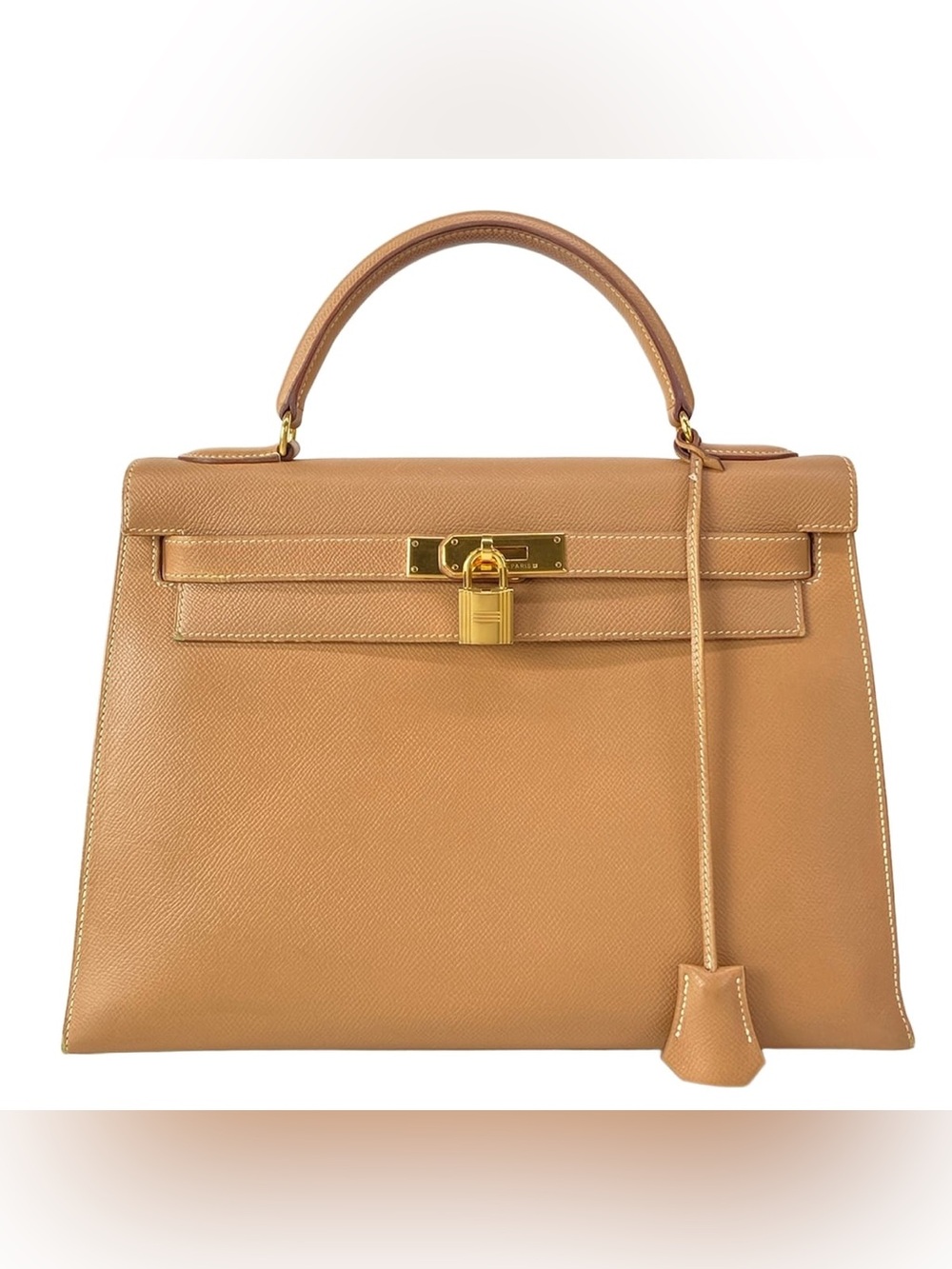 Authentic HERMES KELLY 32 gold courchevel leather vintage bag